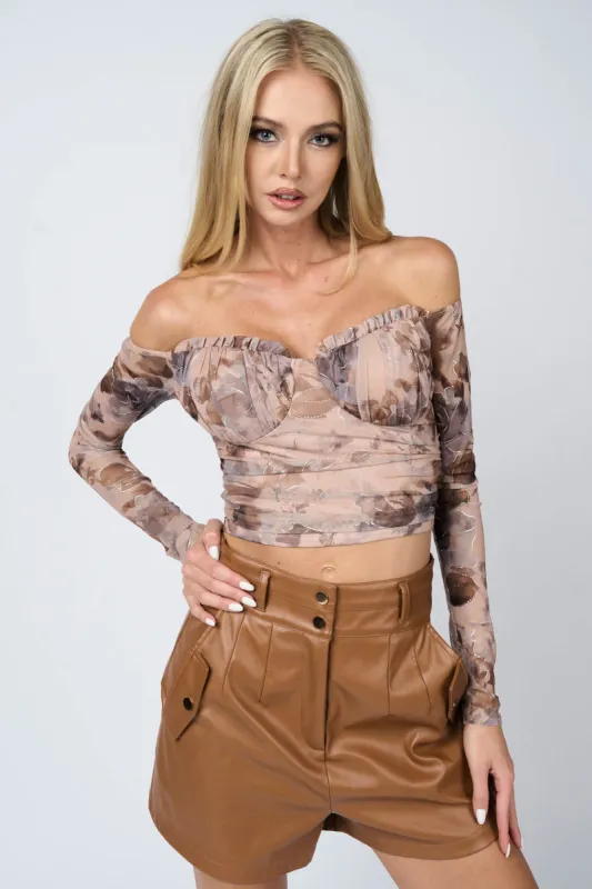 FLORAL FOIL SWEETHEART RUFFLED OFF SHOULDER TOP sold by privy