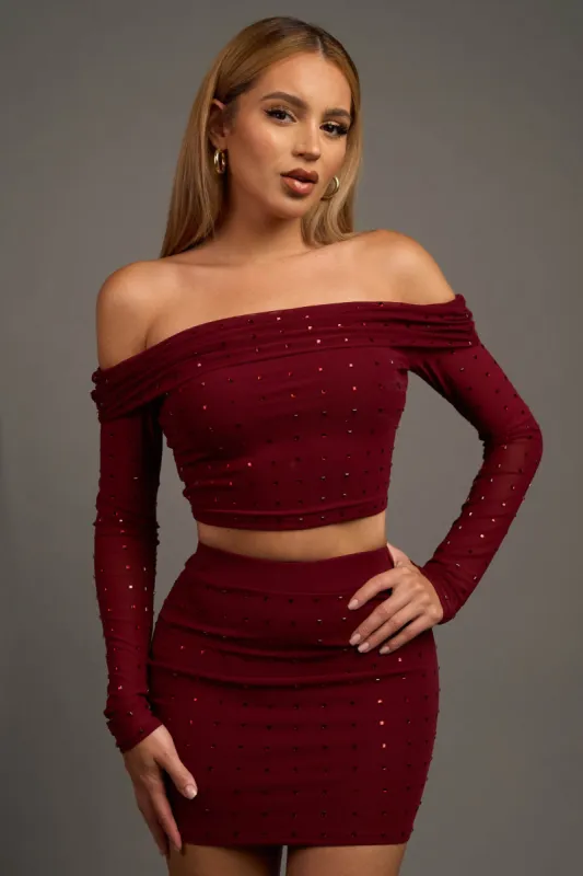 LUXE HOTFIXS MESH OFF SHOULDER TOP & SKIRT SET sold by privy