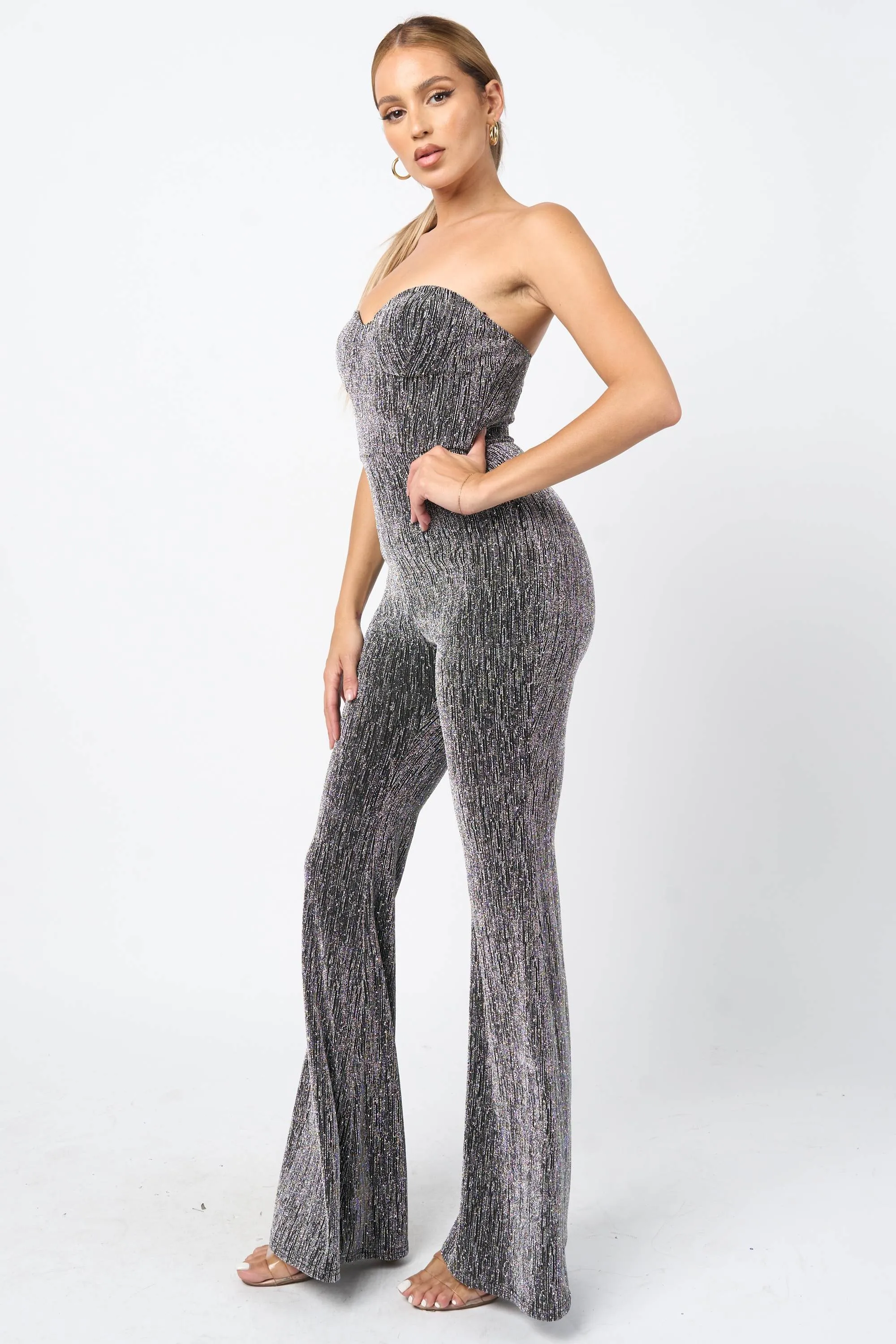 PJ11188K / CHIC METALLIC LUREX OFF SHOULDER WIDE LEG JUMPSUIT sold by privy