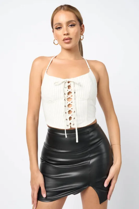 STRIPED STRETCH WOVEN DRAWSTRING LACE UP TANK TOP sold by privy