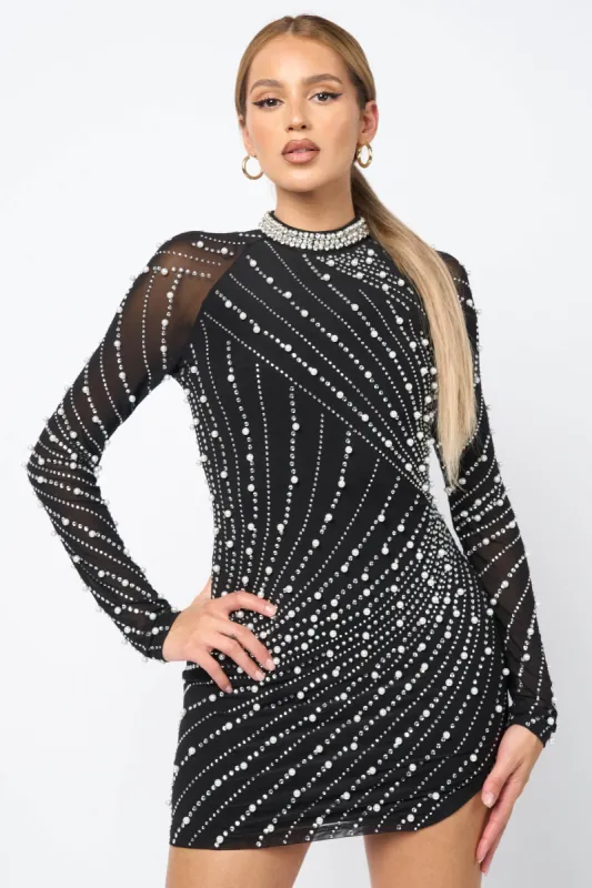 LUXE RHINESTONES & PEARLS EMBELLISHED MINI DRESS sold by privy