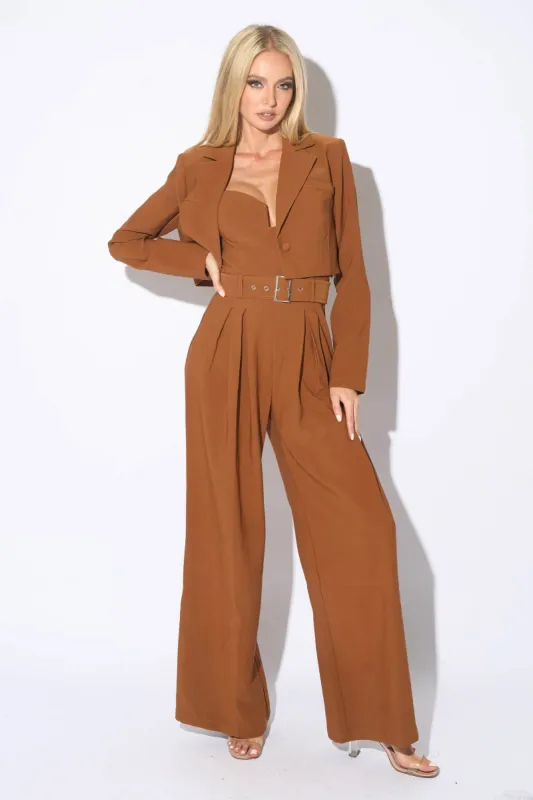 CHIC TWILL STRETCH CROPPED BLAZER & JUMPSUIT SET sold by privy