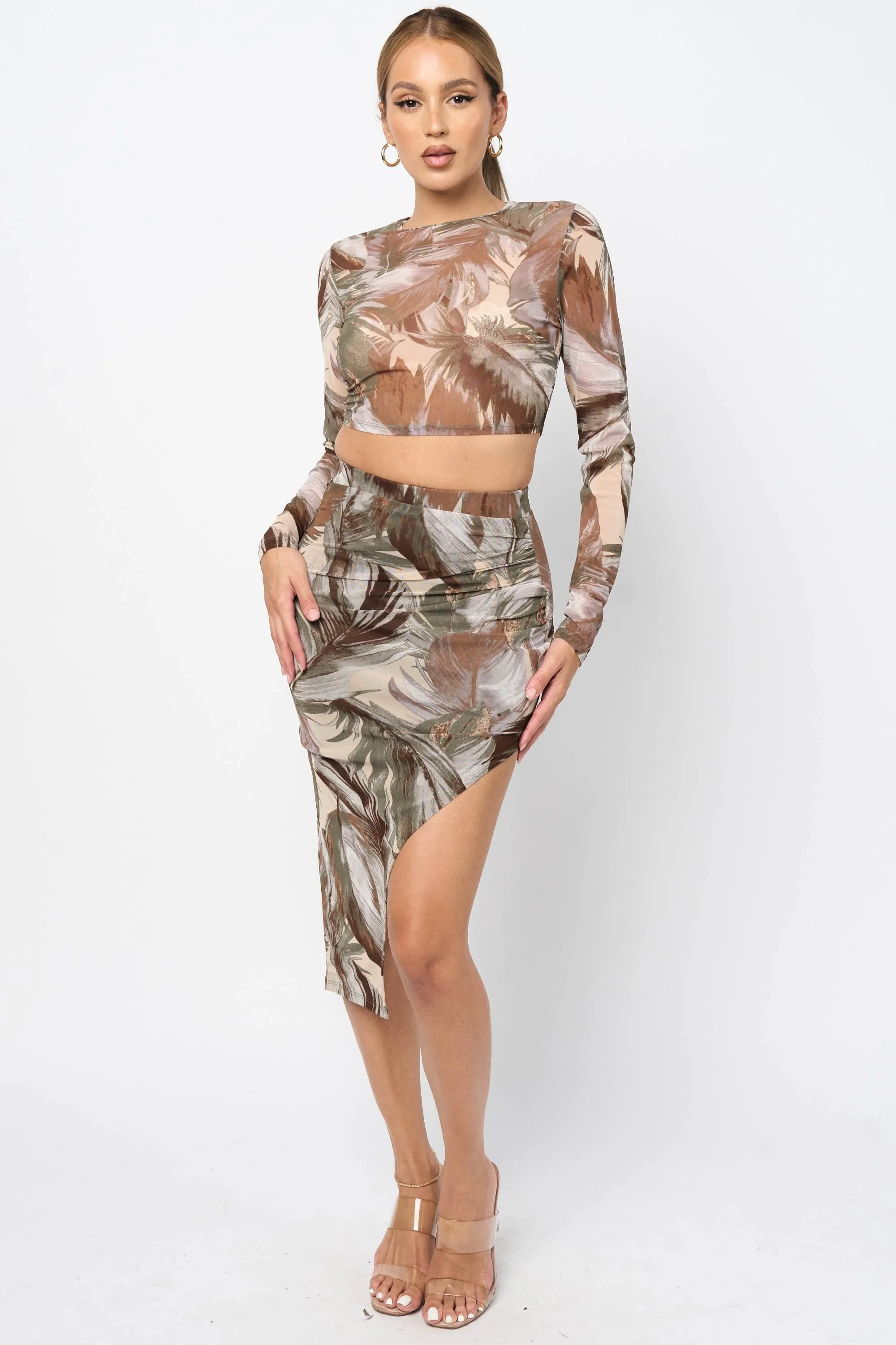 CHIC LEAF MESH CROP TOP & KNEE LENGTH SKIRT SETS sold by privy