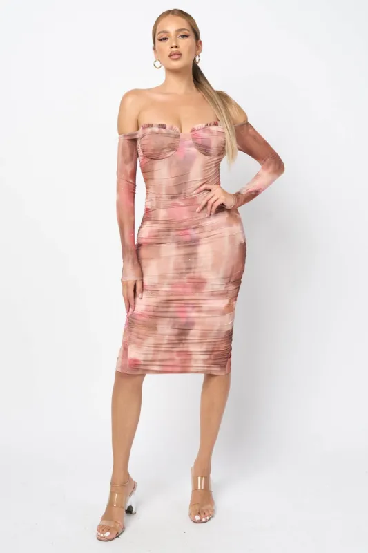 TIE DYE MESH RHINESTONES OFF SHOULDER MIDI DRESS sold by privy