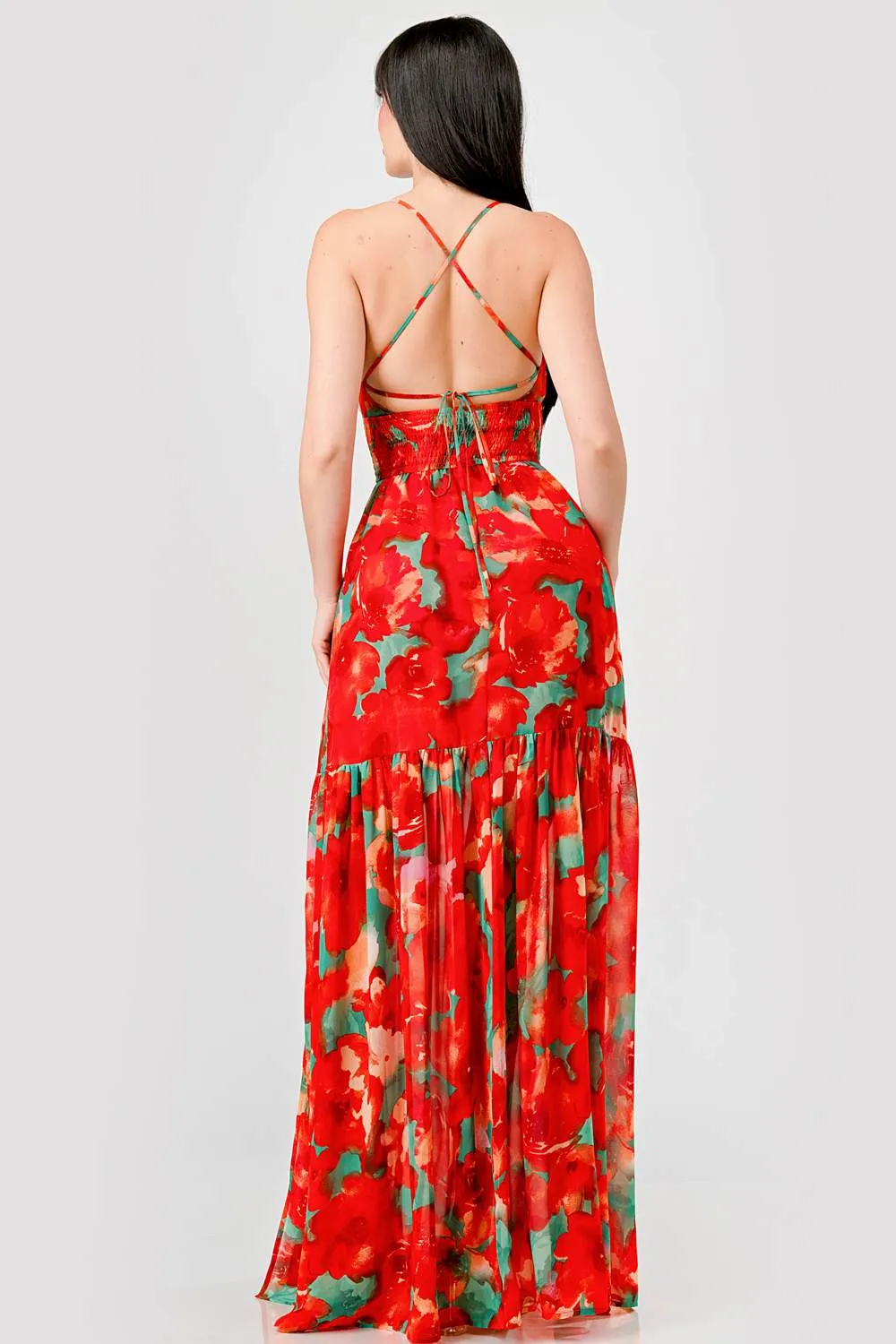 FLORAL CHIFFON SMOCKED WAIST LACE BACK MAXI DRESS sold by privy product image thumbnail 3