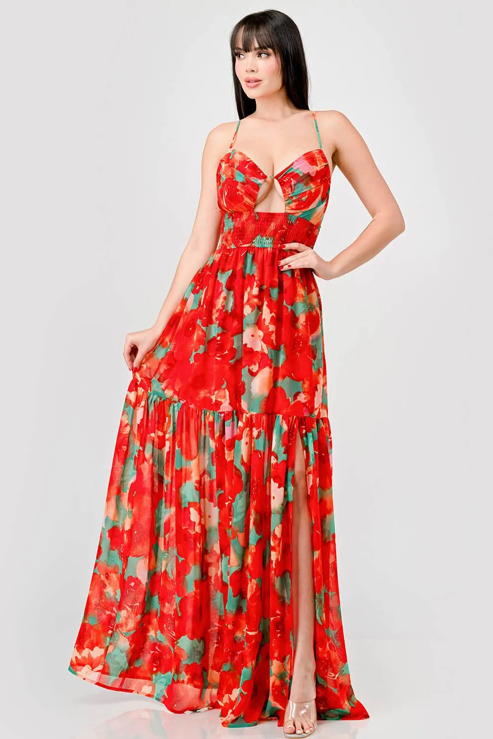 FLORAL CHIFFON SMOCKED WAIST LACE BACK MAXI DRESS sold by privy