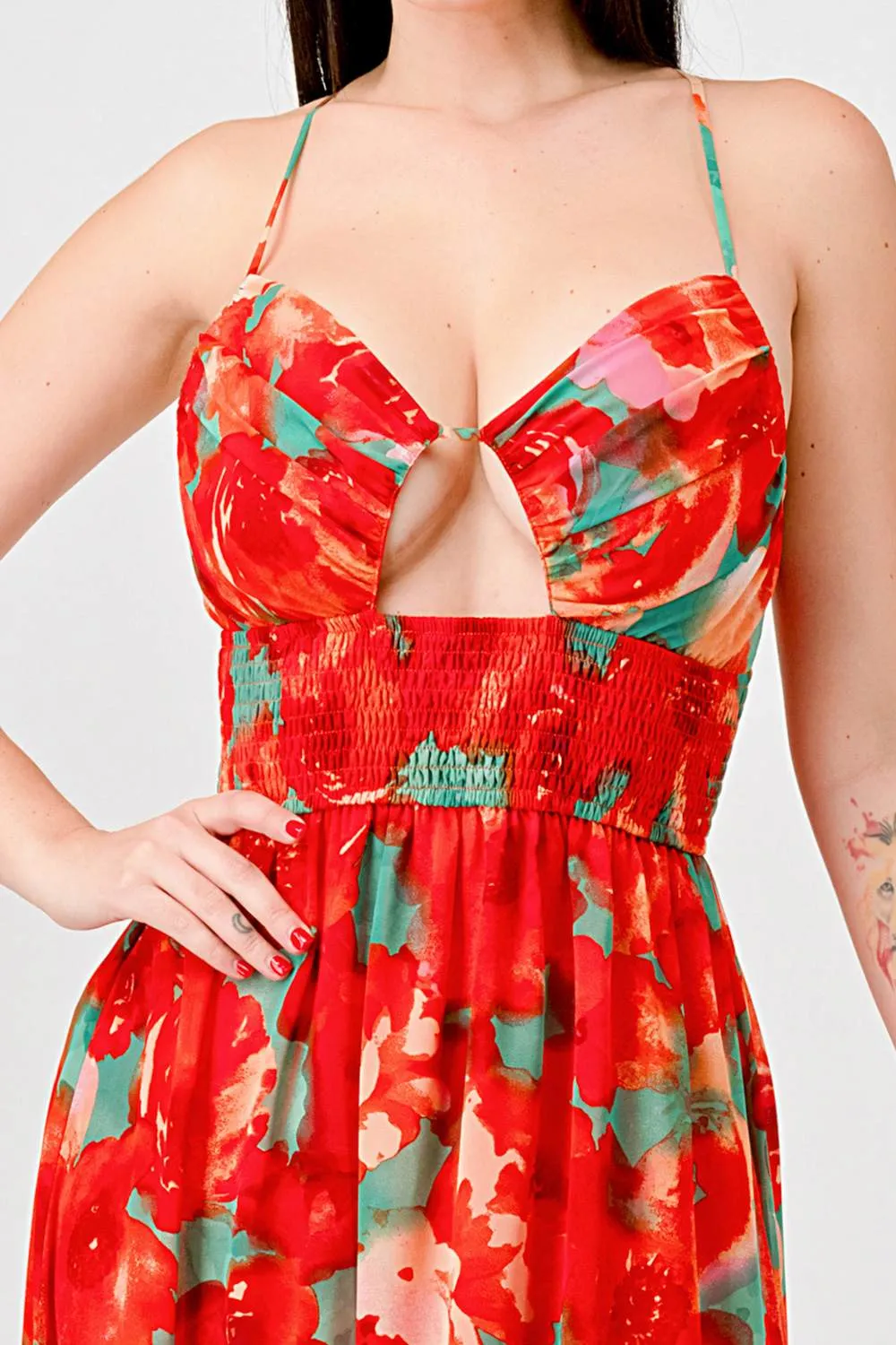 FLORAL CHIFFON SMOCKED WAIST LACE BACK MAXI DRESS sold by privy product image thumbnail 5