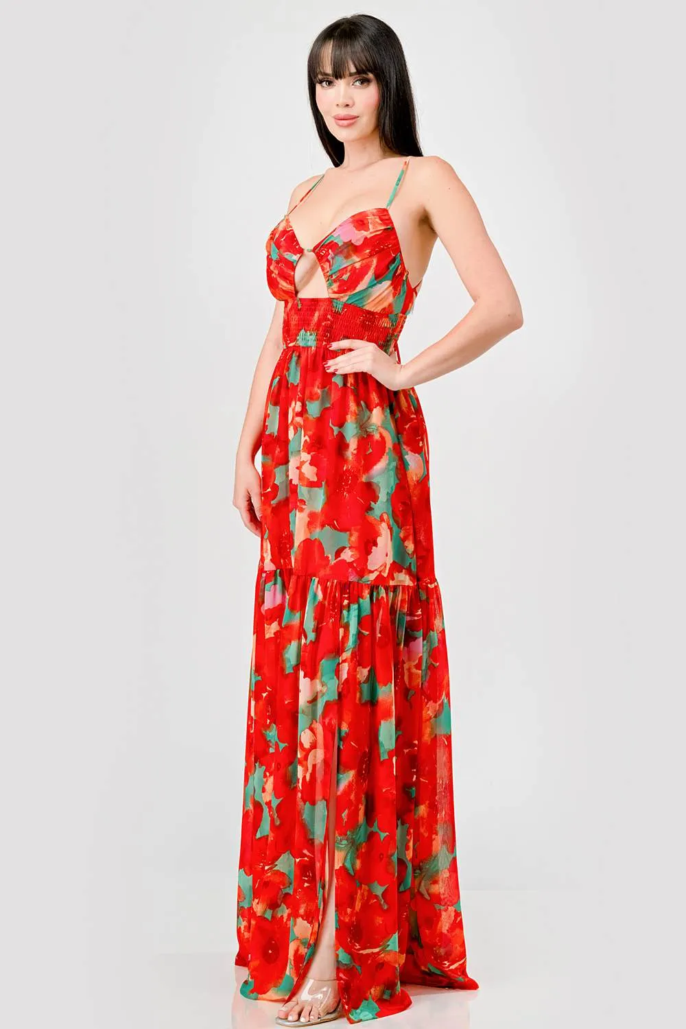 FLORAL CHIFFON SMOCKED WAIST LACE BACK MAXI DRESS sold by privy product image thumbnail 2