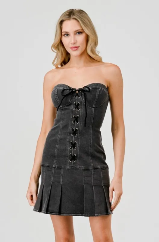 CHIC DENIM DRAWSTRING LACE UP TUBE MINI DRESS sold by privy