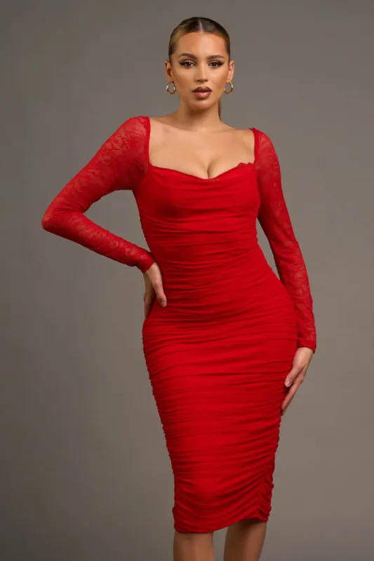 PD76389B-W / LUXE MESH LACE TRIM SWEETHEART RUCHED MIDI DRESS sold by privy