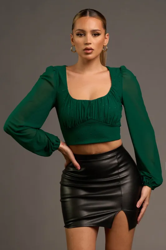 LUXE MESH HOTFIX STONES SQUARE NECK PEASANT TOP sold by privy