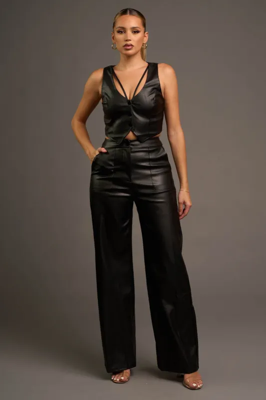 CHIC PLEATHER VEST TOP AND WIDE LEGS PANTS SET sold by privy