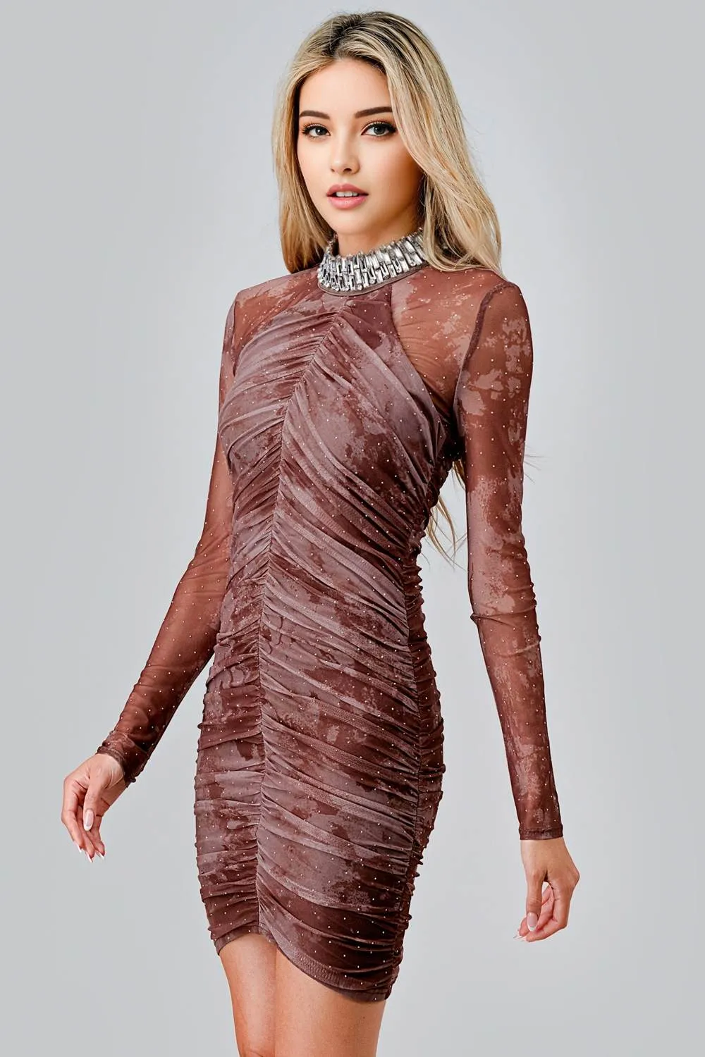 AD3920N / HOTFIX CRYSTAL TRIM MOCK NECK BODYCON MINI DRESS sold by privy product image thumbnail 2