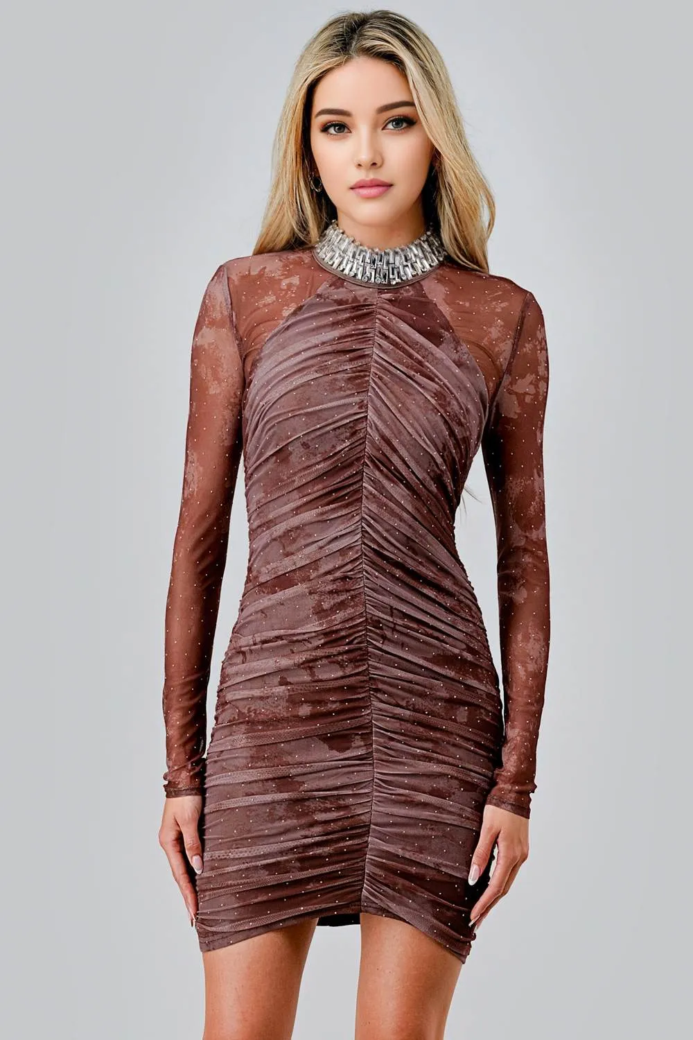 AD3920N / HOTFIX CRYSTAL TRIM MOCK NECK BODYCON MINI DRESS sold by privy