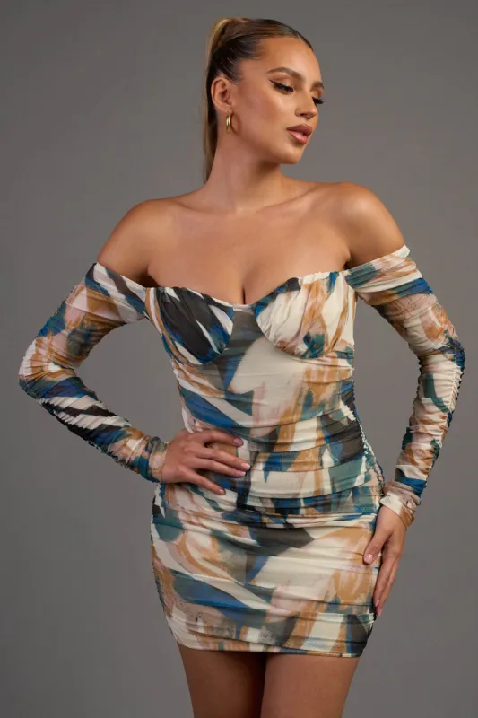LUXE ABSTRACT PRINT MESH OFF SHOULDER MINI DRESS sold by privy