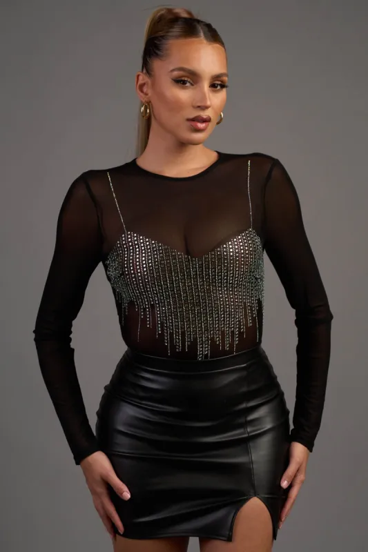 LUXE RHINESTONES MESH ROUND NECK SHEER BODYSUIT sold by privy