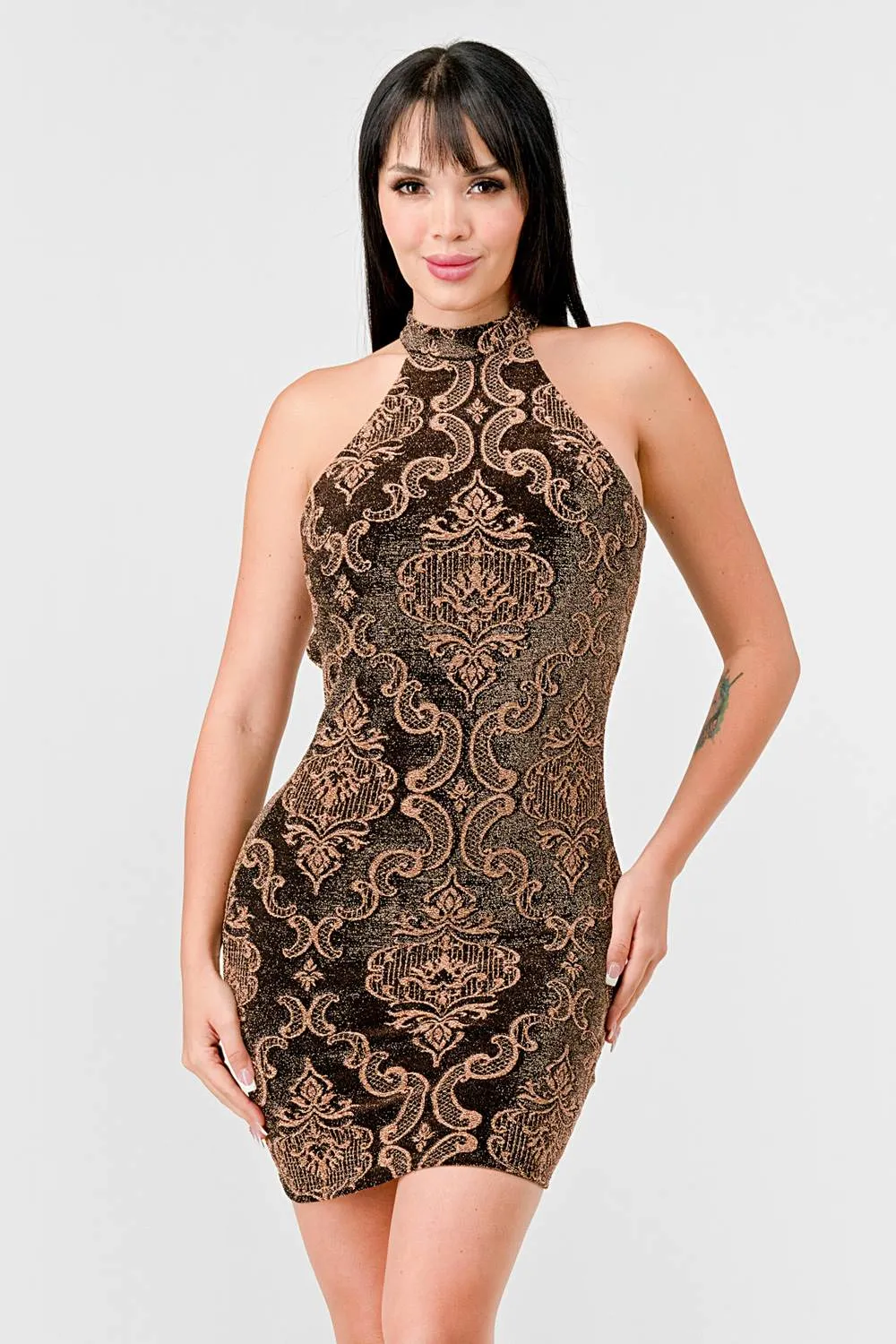LUXE JACQUARD HALTER NECK BODYCON MINI DRESS sold by privy