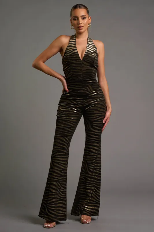 CHIC METALLIC VELVET HALTER NECK WIDE LEGS JUMPSUIT sold by privy
