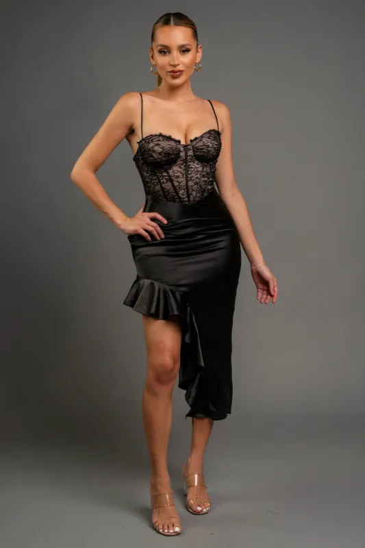 LUXE LACE SWEETHEART SLITTED SATIN HEM MIDI DRESS sold by privy