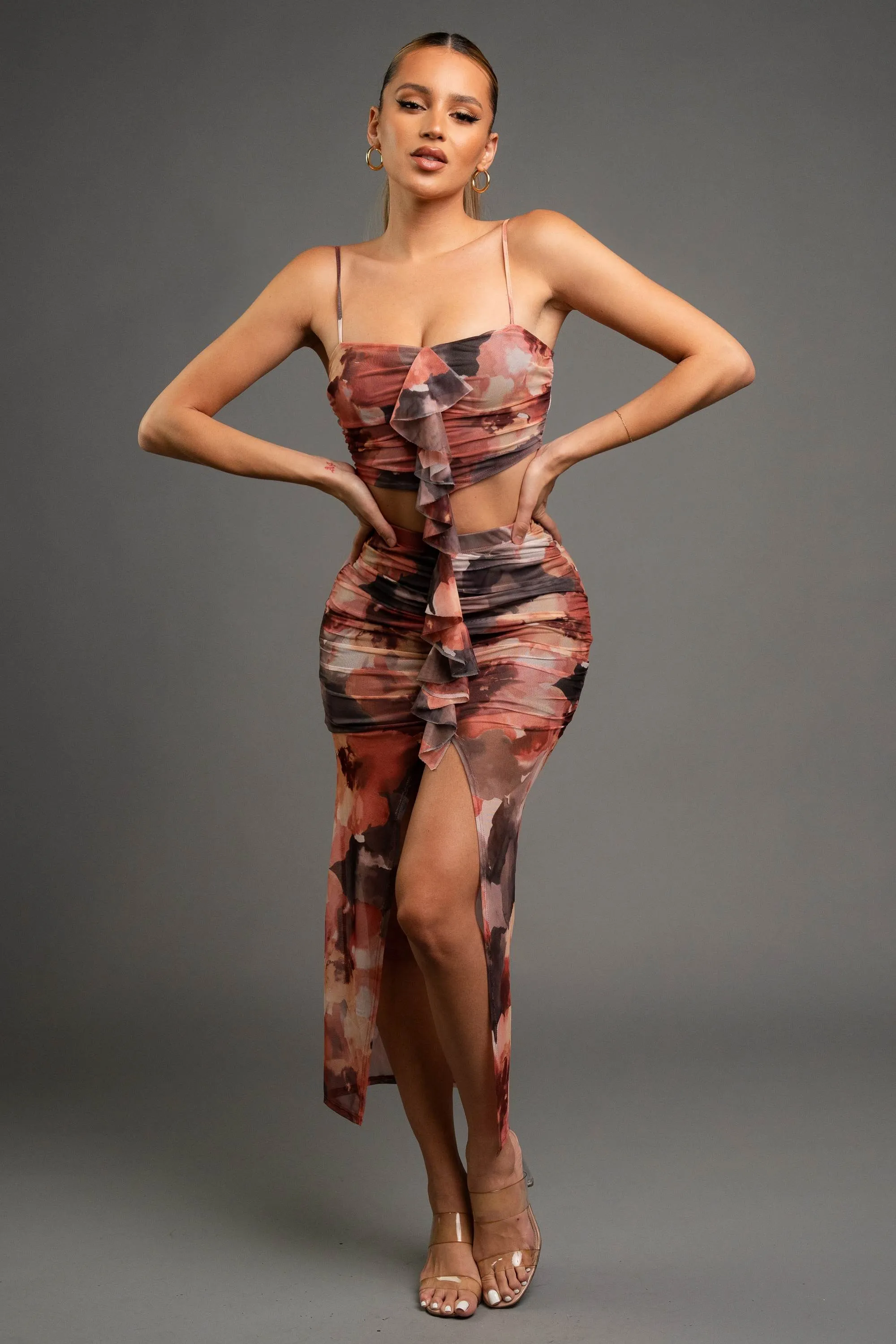 ROMANTIC FLORAL PRINT MESH CROP TOP & SKIRT SETS sold by privy