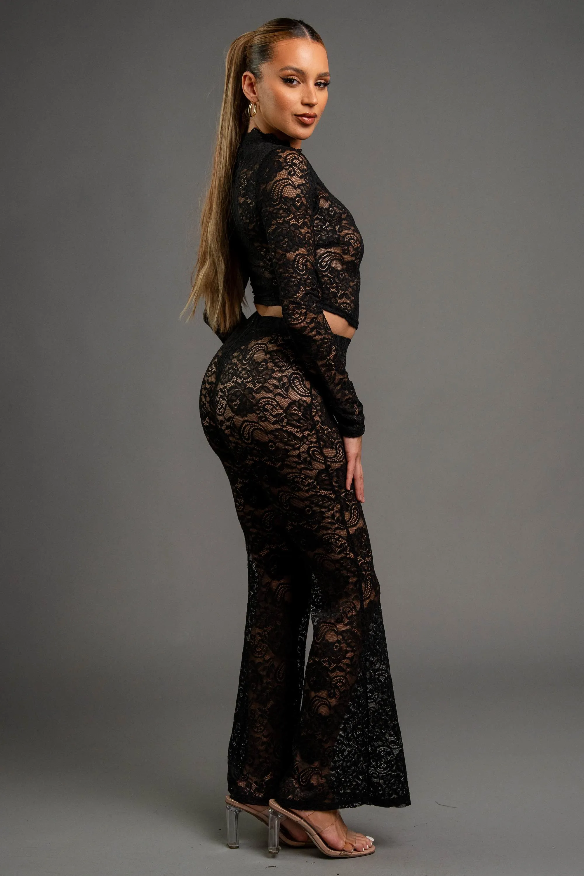 SEE-THRU STRETCH LACE CROP TOP & FLARE PANTS SET sold by privy product image thumbnail 2