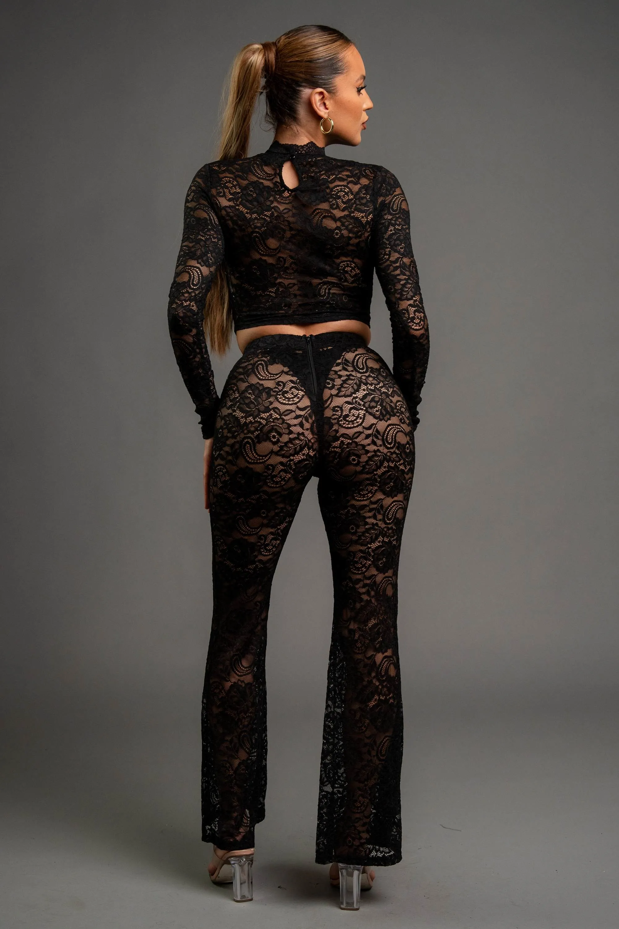 SEE-THRU STRETCH LACE CROP TOP & FLARE PANTS SET sold by privy product image thumbnail 3