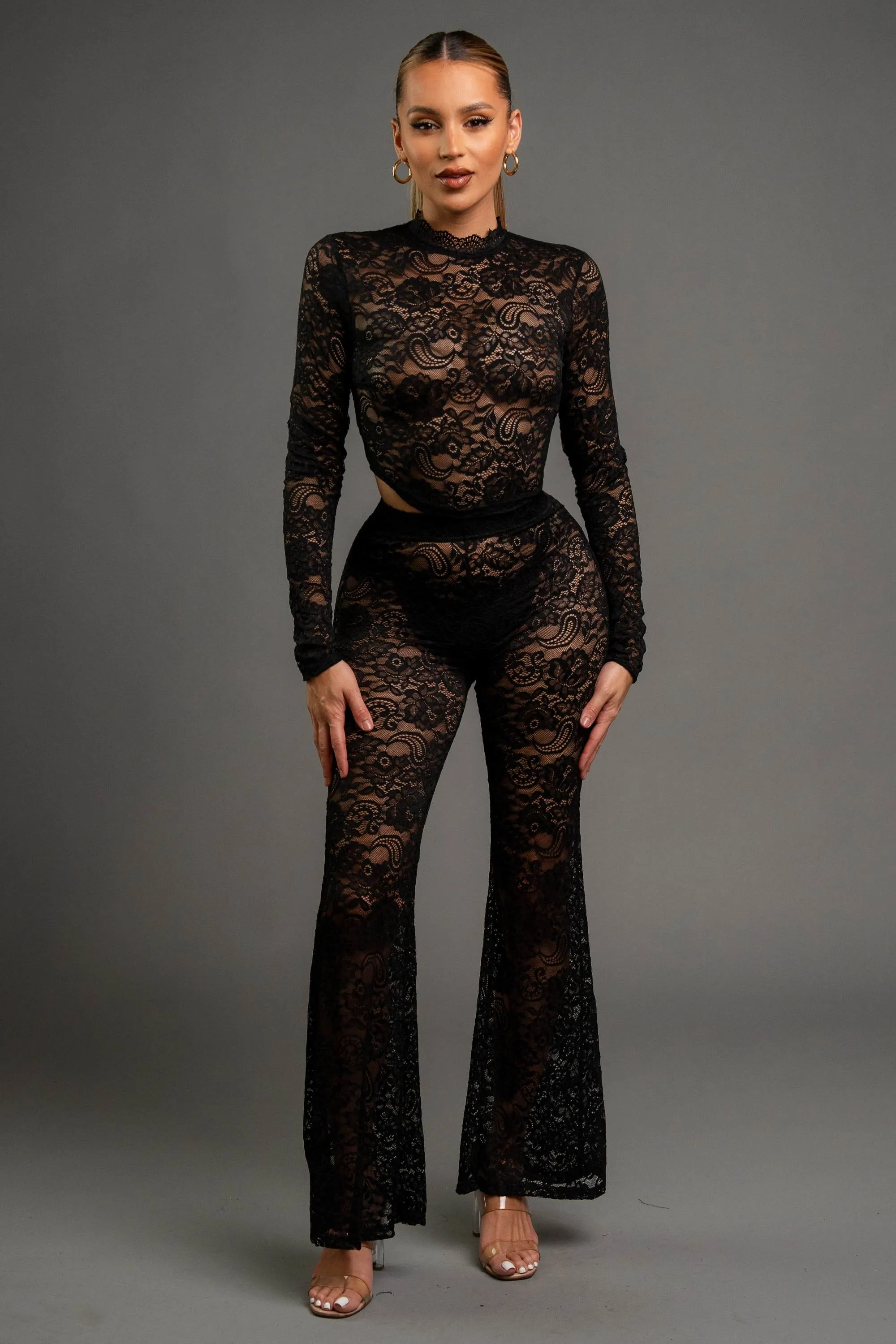 SEE-THRU STRETCH LACE CROP TOP & FLARE PANTS SET sold by privy product image thumbnail 4