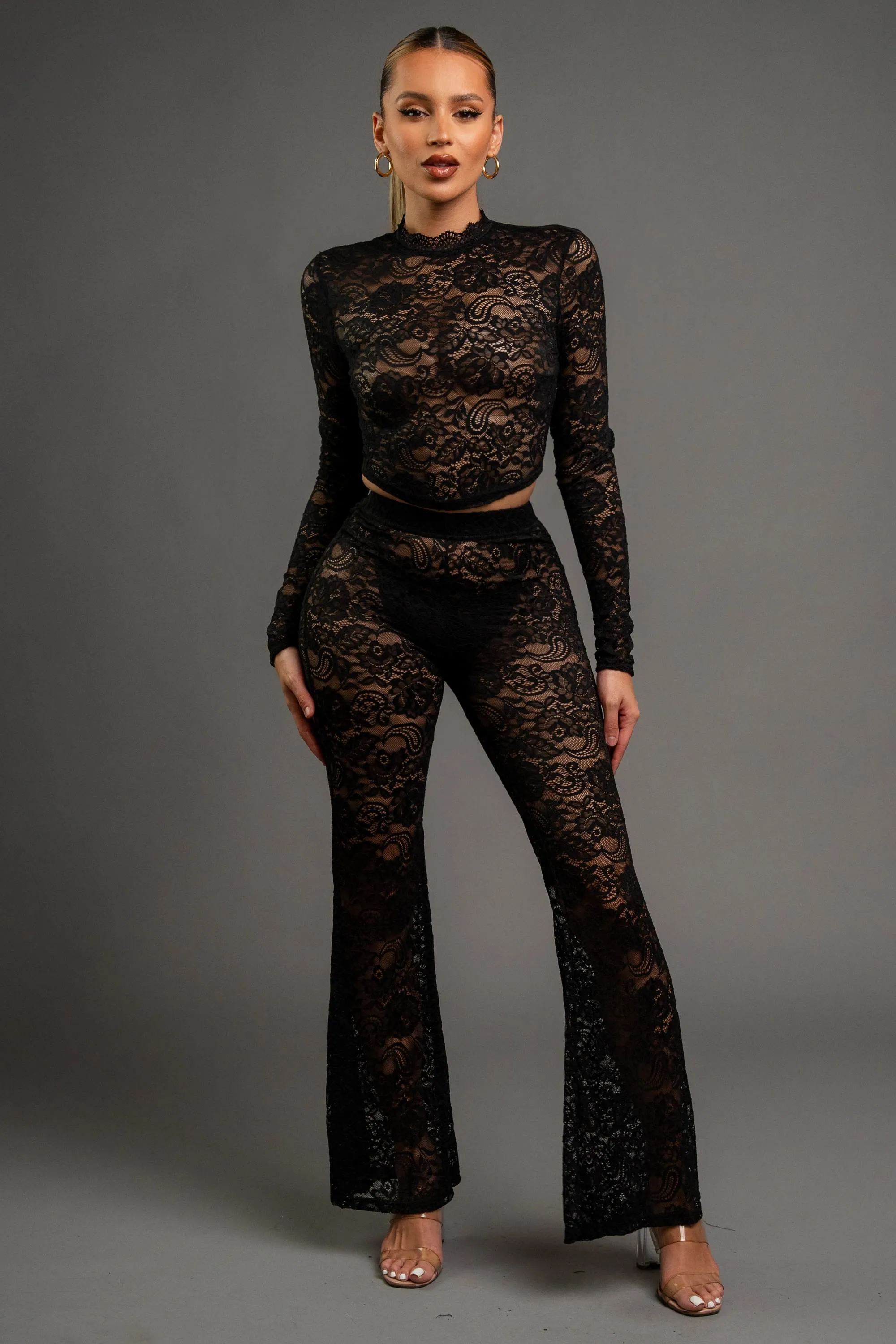 SEE-THRU STRETCH LACE CROP TOP & FLARE PANTS SET sold by privy
