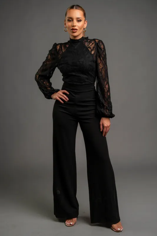 LUXE CREPE SEE-THRU LACE HALTER OPEN BACK JUMPSUIT made by privy