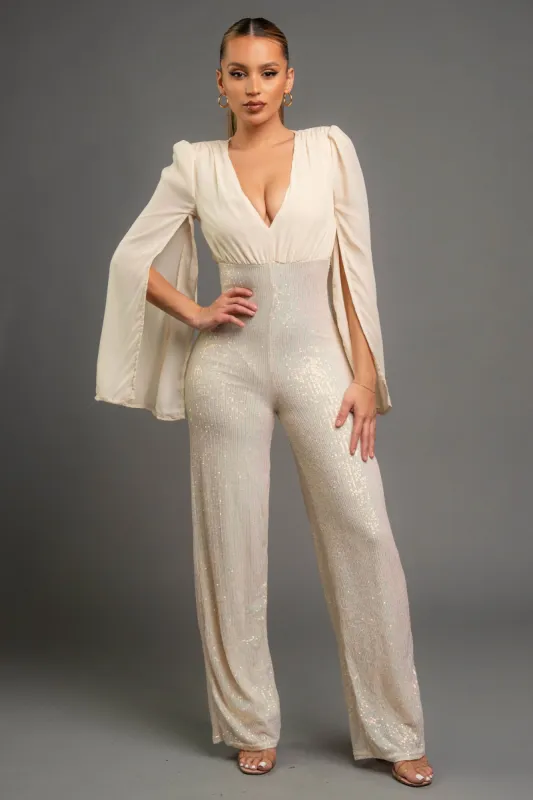 LUXE SLITTED LONG SLEEVES V-NECK SEQUINS JUMPSUIT sold by privy