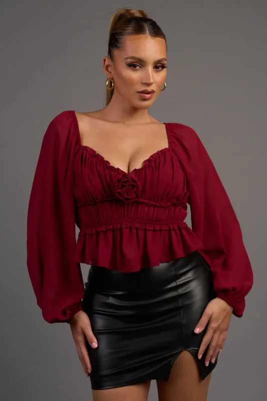 CHELSEA CHIFFON ROSETTE RUCHED RUFFLE PEASANT TOP sold by privy