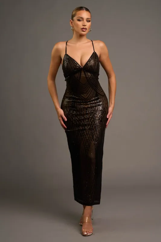 LUXE SEQUINS MESH DRAWSTRING BODYCON MAXI DRESS sold by privy