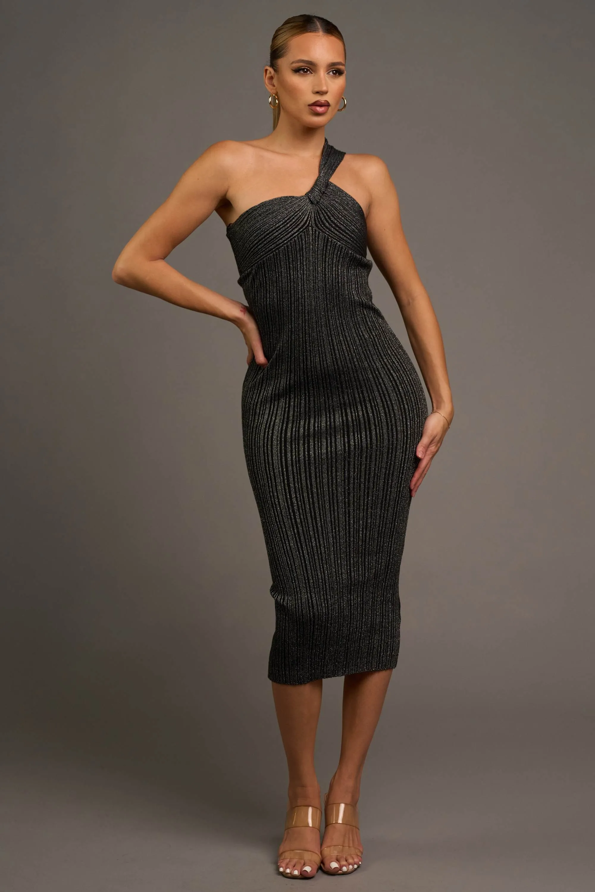 PD77697C / CHIC METALLIC SWEATER RIB ONE SHOULDER MIDI DRESS sold by privy product image thumbnail 4