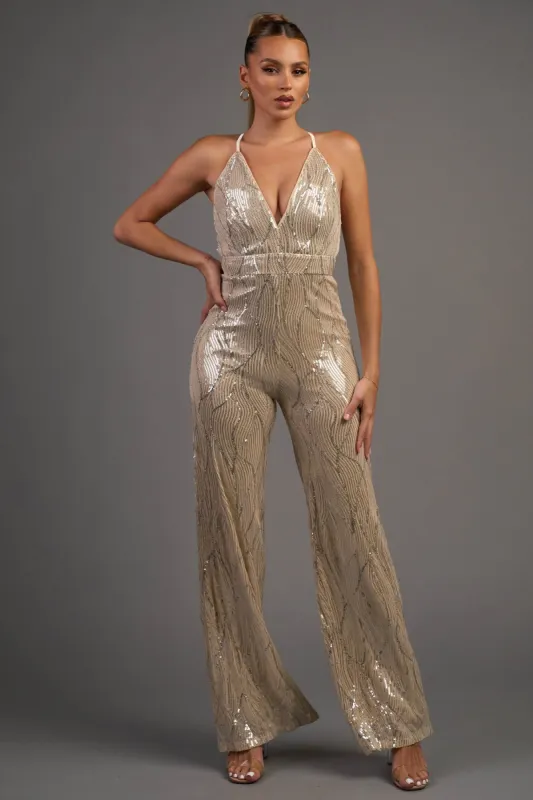 LUXE SEQUINS DEEP V-NECK WIDE LEGS JUMPSUIT sold by privy