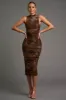 CHIC FLORAL VELVET FLOCKING MESH HALTER MIDI DRESS sold by privy