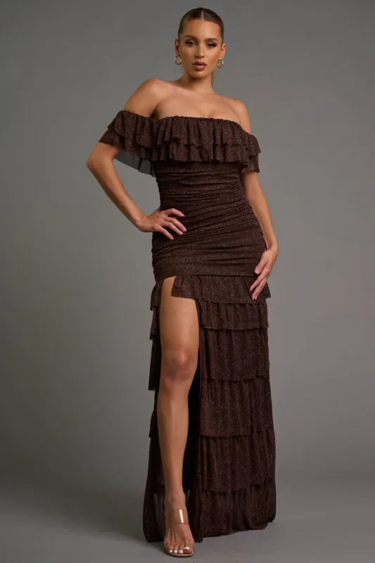 PD78160NTP-W / CHIC GLITTER MESH RUFFLED OFF SHOULDER MAXI DRESS sold by privy