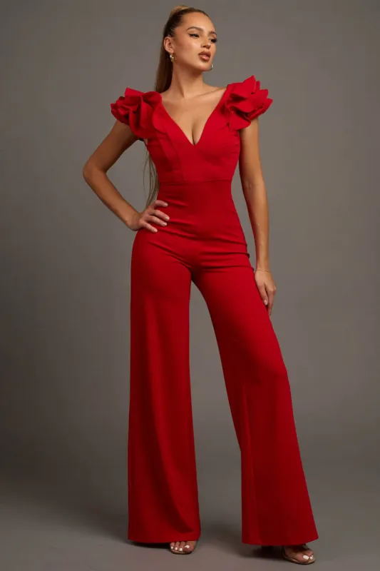 PJ11184N / LUXE V-NECK RUFFLED SLEEVES WIDE LEGS JUMPSUIT sold by privy