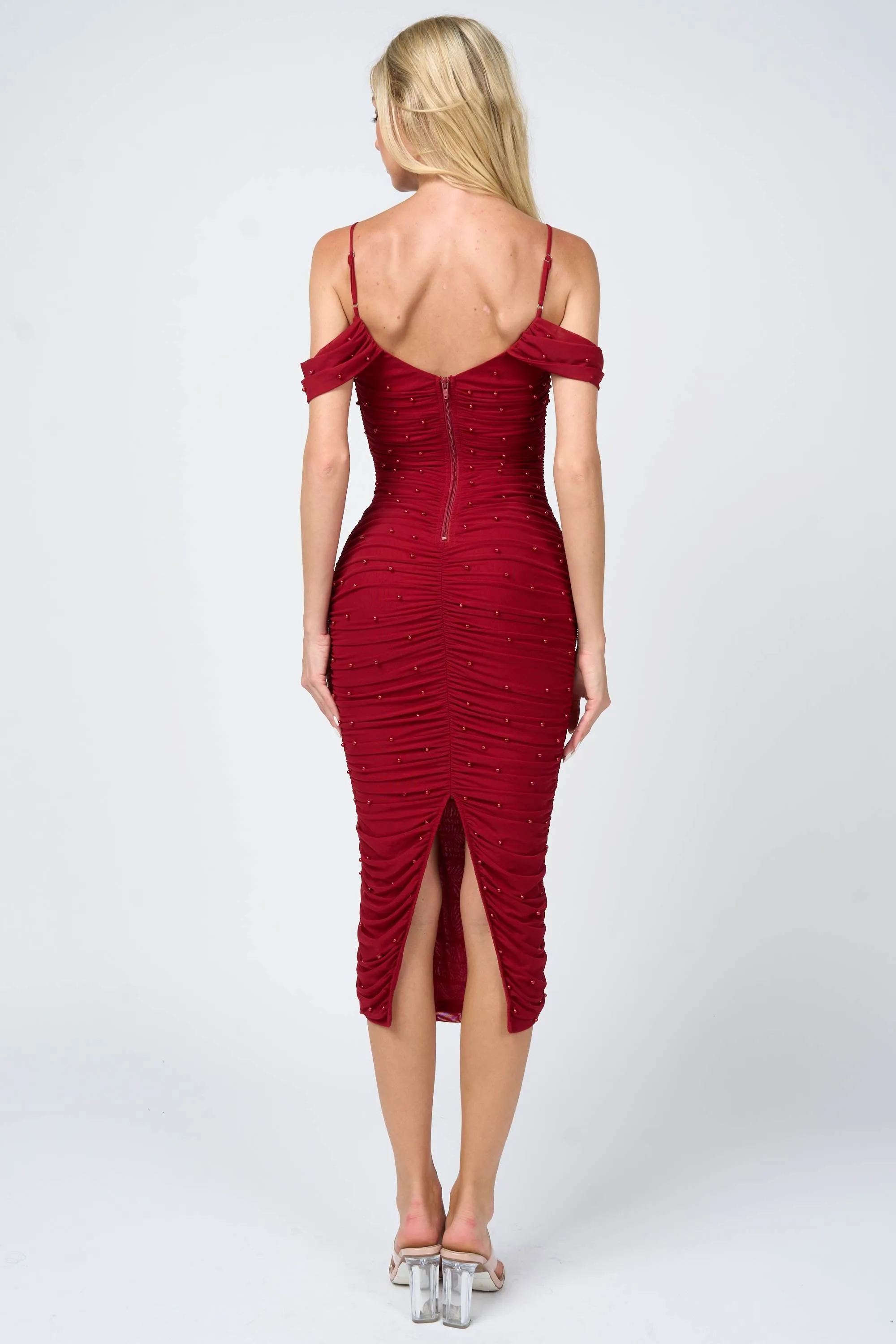 LUXE PEARL MESH COLD SHOULDER RUCHED MIDI DRESS sold by privy product image thumbnail 3
