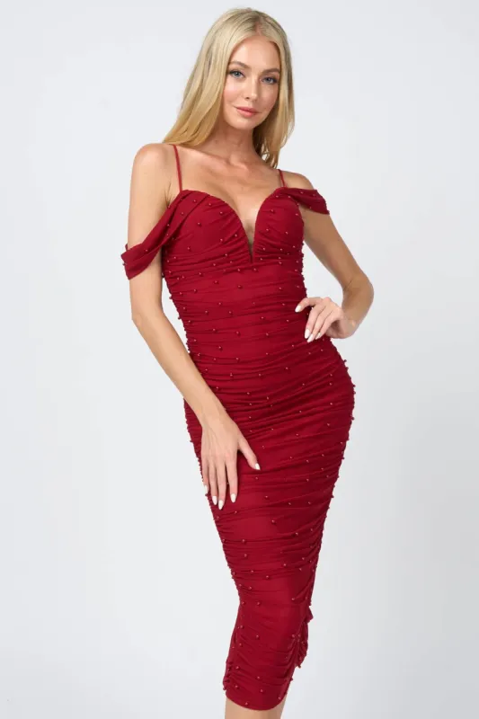 LUXE PEARL MESH COLD SHOULDER RUCHED MIDI DRESS sold by privy