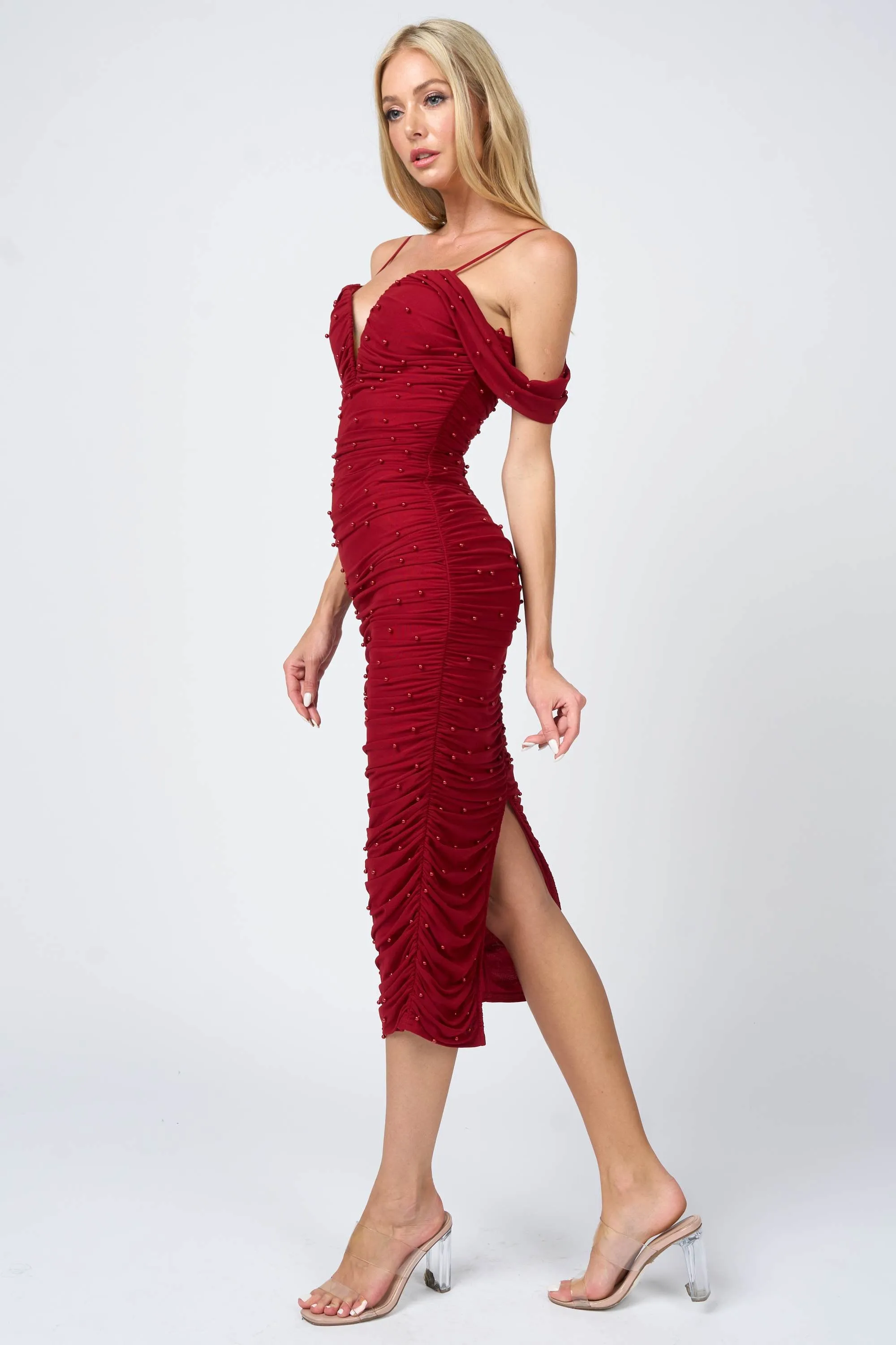 LUXE PEARL MESH COLD SHOULDER RUCHED MIDI DRESS sold by privy product image thumbnail 2