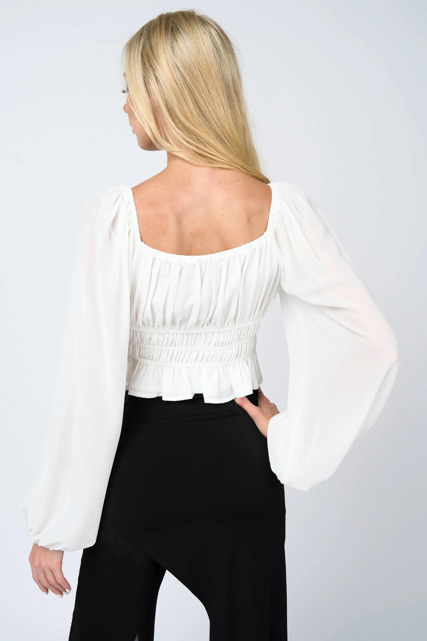 CHELSEA CHIFFON RUCHED RUFFLED PEASANT CROPPED TOP sold by privy product image thumbnail 3