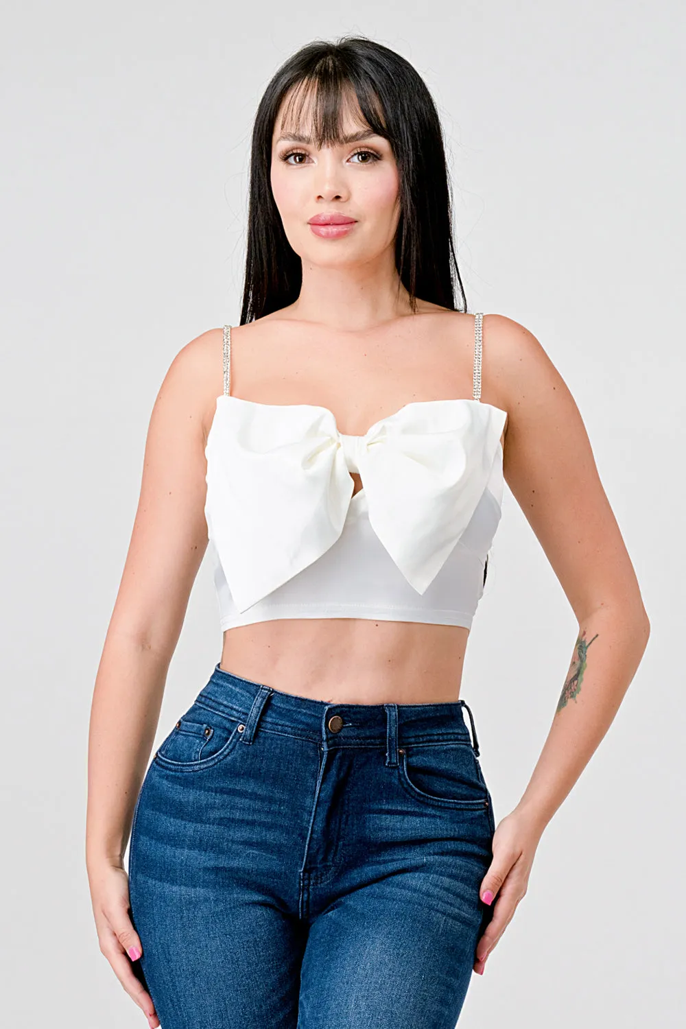 SEXY STRETCH SATIN BOW RHINESTONE STRAPS CROP TOP sold by privy product image thumbnail 4