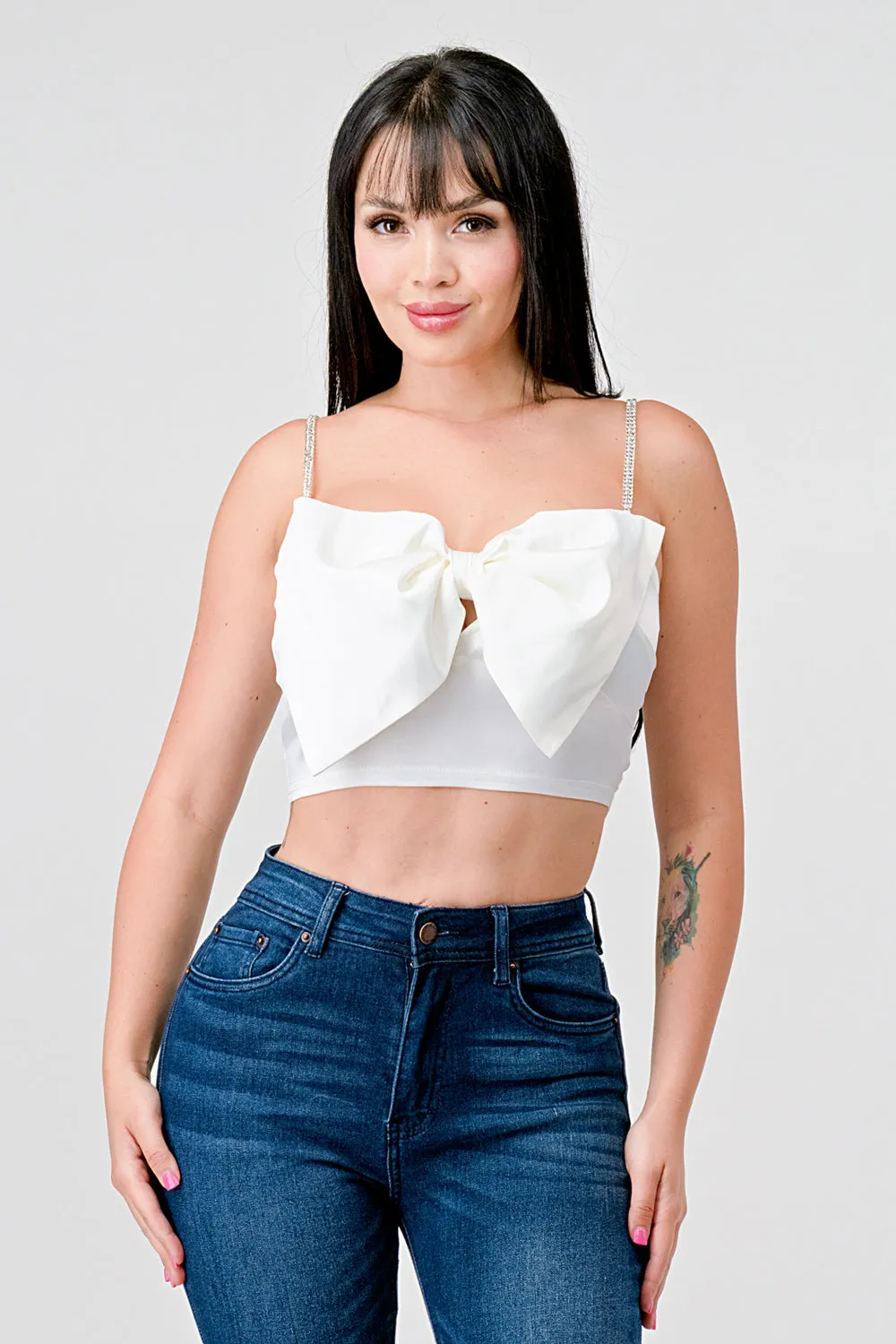 SEXY STRETCH SATIN BOW RHINESTONE STRAPS CROP TOP sold by privy