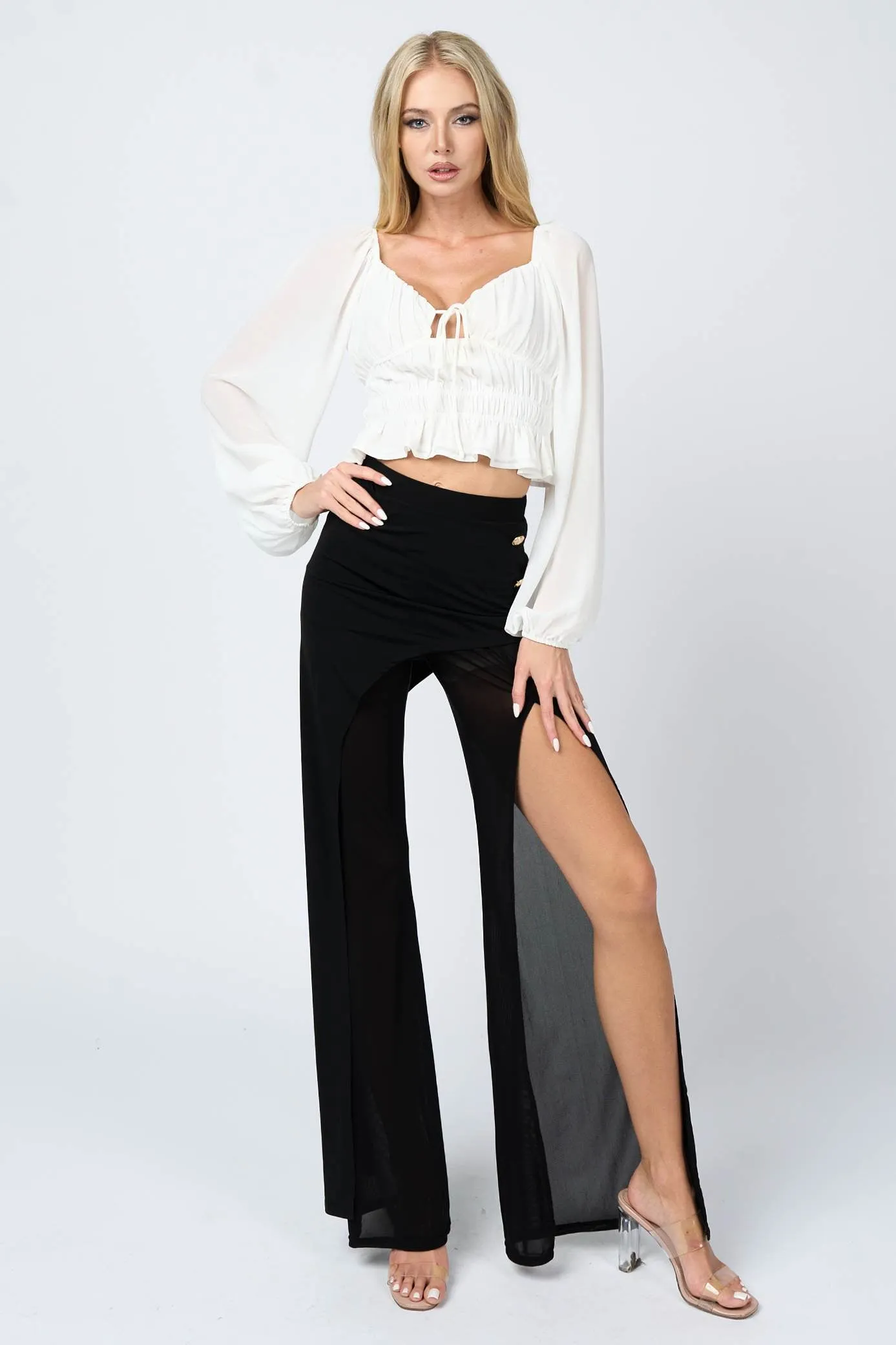 CHELSEA CHIFFON RUCHED RUFFLED PEASANT CROPPED TOP sold by privy product image thumbnail 4