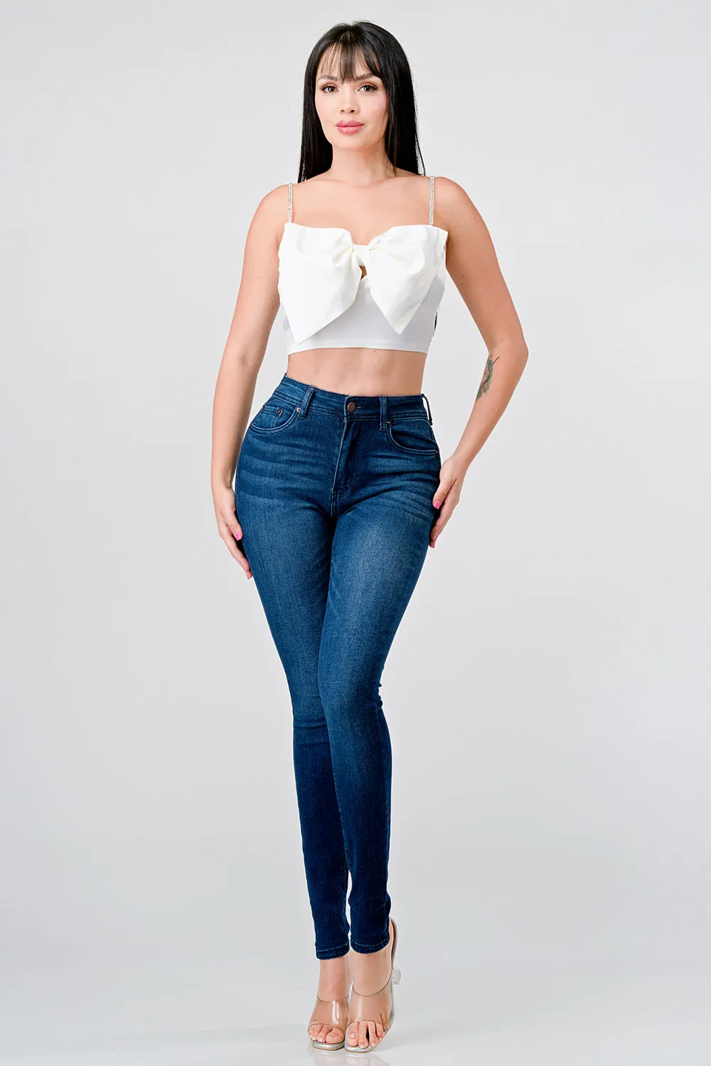 SEXY STRETCH SATIN BOW RHINESTONE STRAPS CROP TOP sold by privy product image thumbnail 5