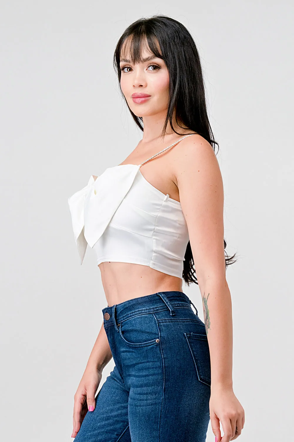 SEXY STRETCH SATIN BOW RHINESTONE STRAPS CROP TOP sold by privy product image thumbnail 2