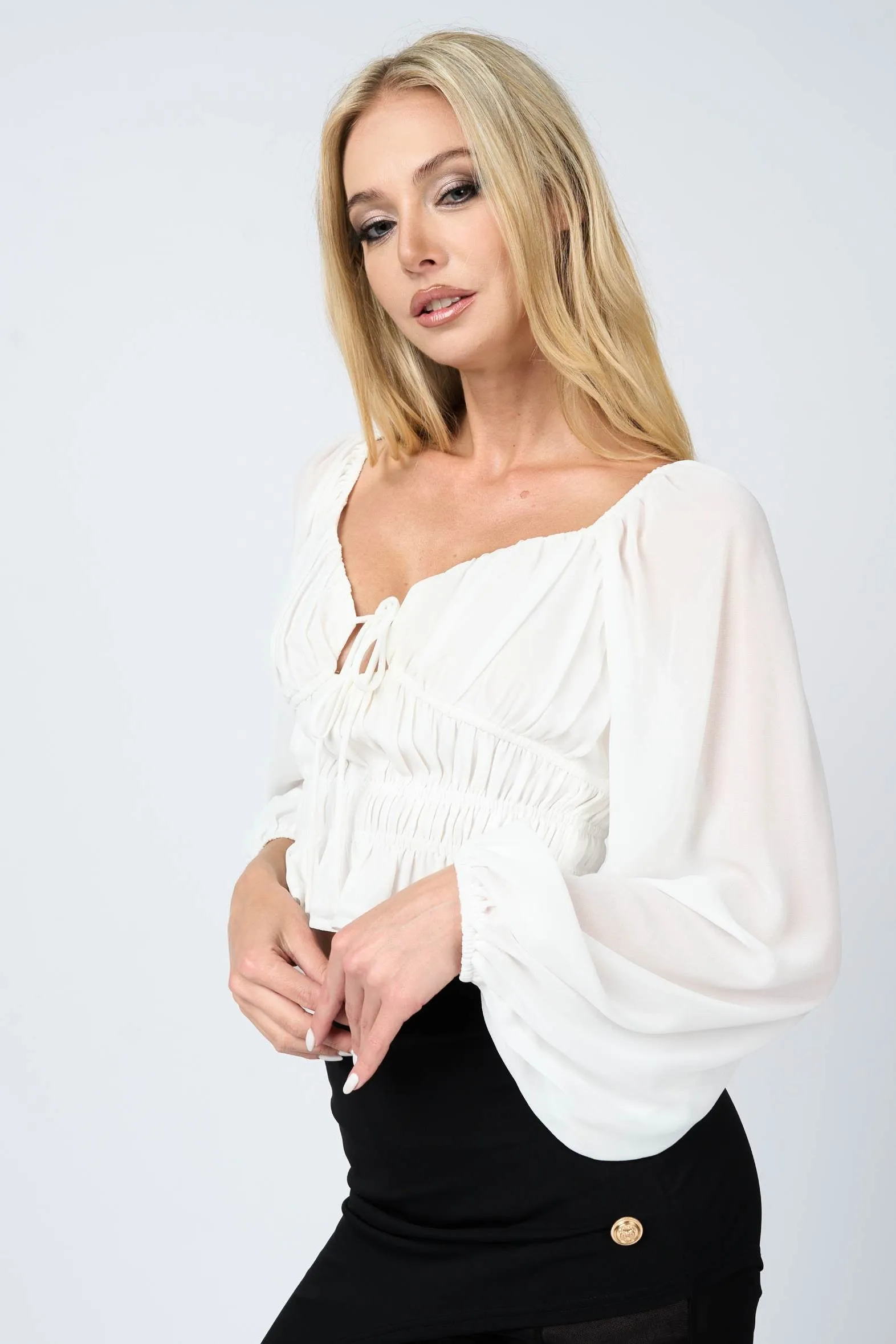 CHELSEA CHIFFON RUCHED RUFFLED PEASANT CROPPED TOP sold by privy product image thumbnail 2