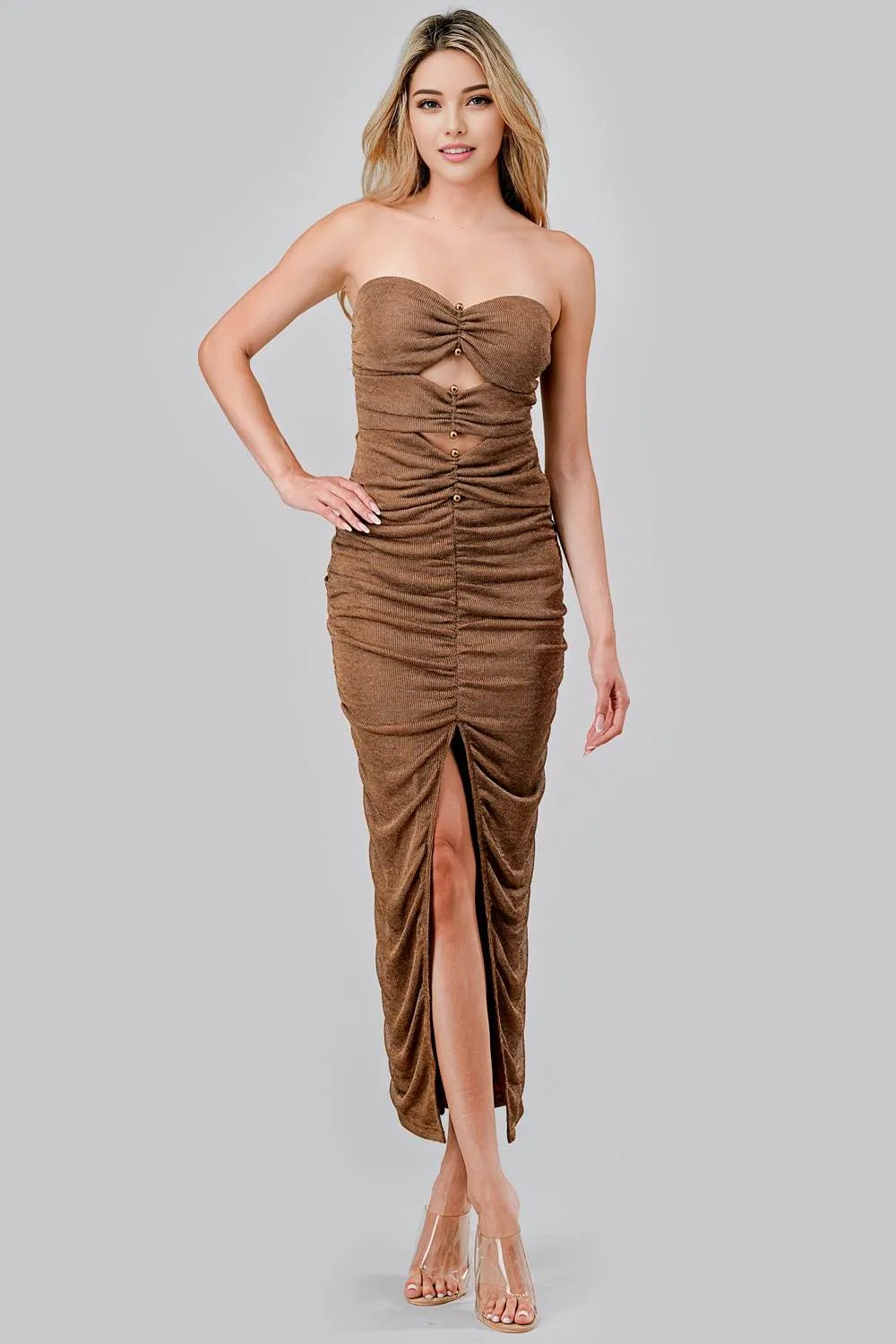 AD4023S / LUXE METALLIC KNIT W/ METAL BAR TRIM MAXI DRESS sold by privy