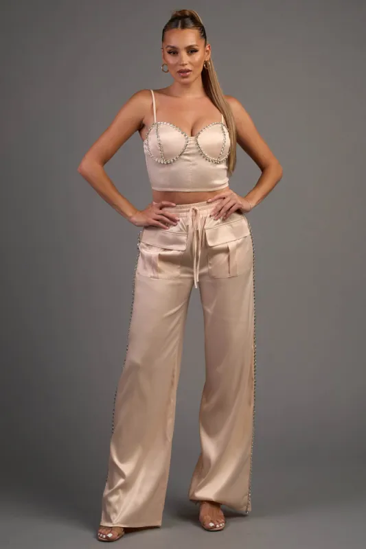 LUXE SATIN RHINESTONES BUSTIER & CARGO PANTS SETS sold by privy