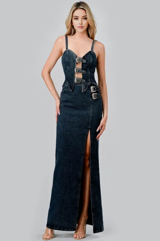 HEAVY DENIM BUCKLE BELTED TOP & MAXI SKIRT SETS sold by privy